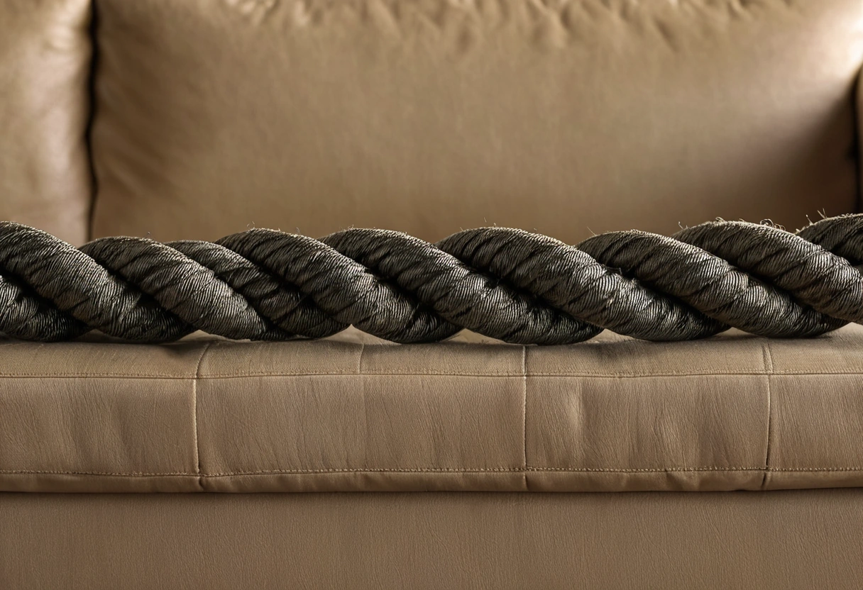 Hand-tied coil springs on a sofa frame with twine knots