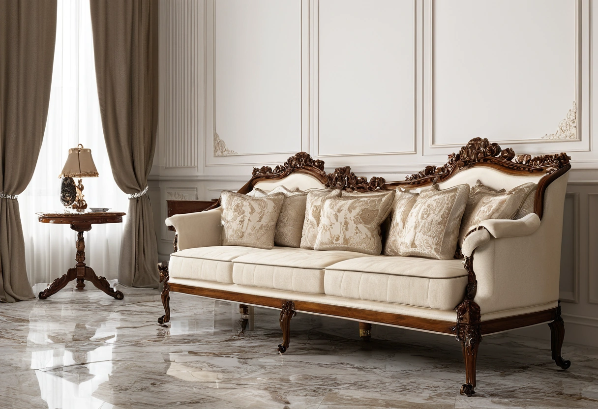 Finished classic sofa with cream upholstery and carved walnut feet