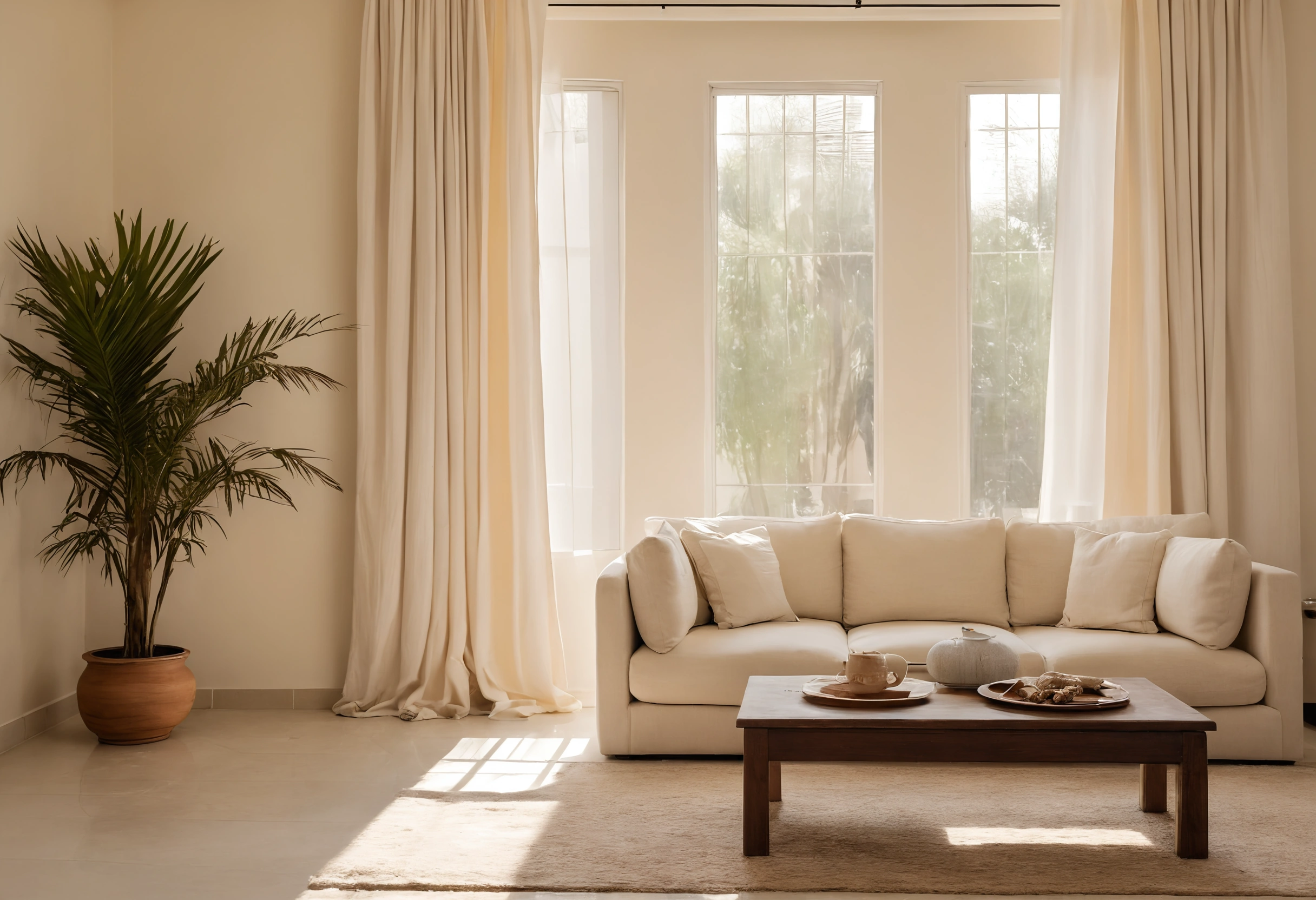 Cream fabric sofa set back from tall windows with sheer curtains diffusing sun across a rug and tiled floor