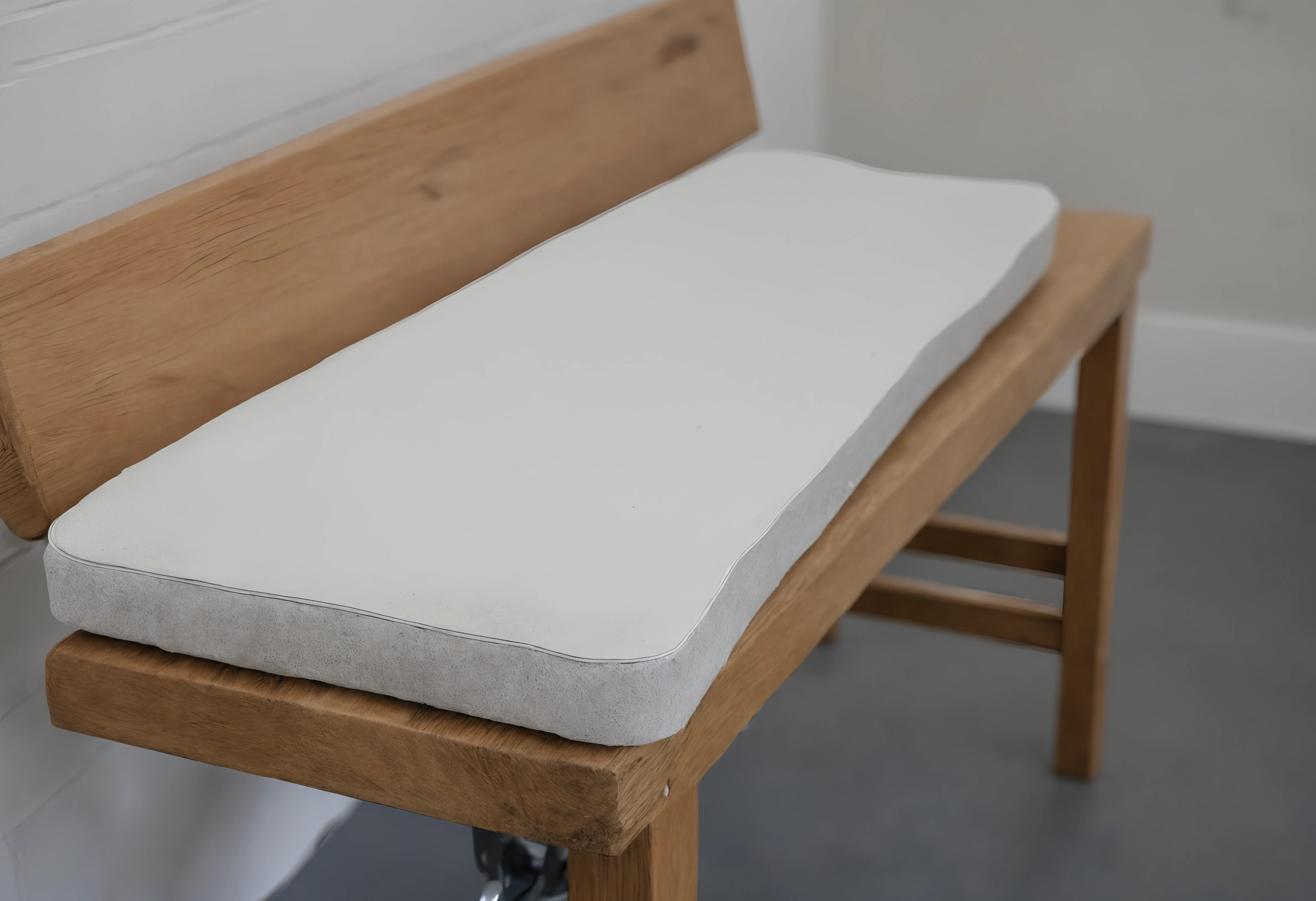 Loose foam seat pad in a pale cover resting on a timber bench frame in a workshop