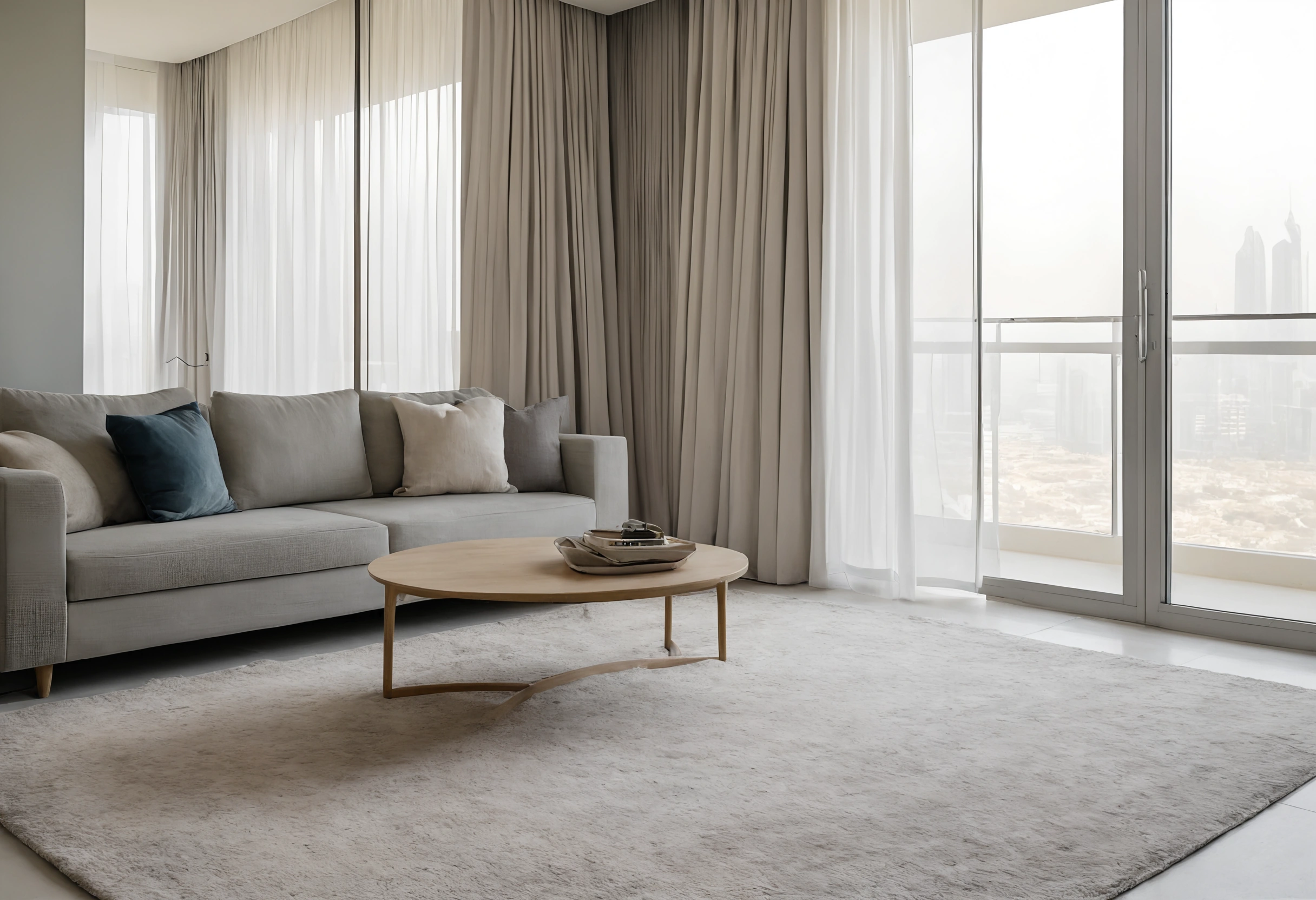 Grey fabric sofa in a high-rise living room with sheer and lined curtains at full-height glass, a hazy city view beyond
